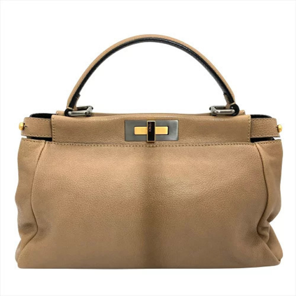 Fendi Peekaboo Handbag Leather Camel Brown Gold Brown